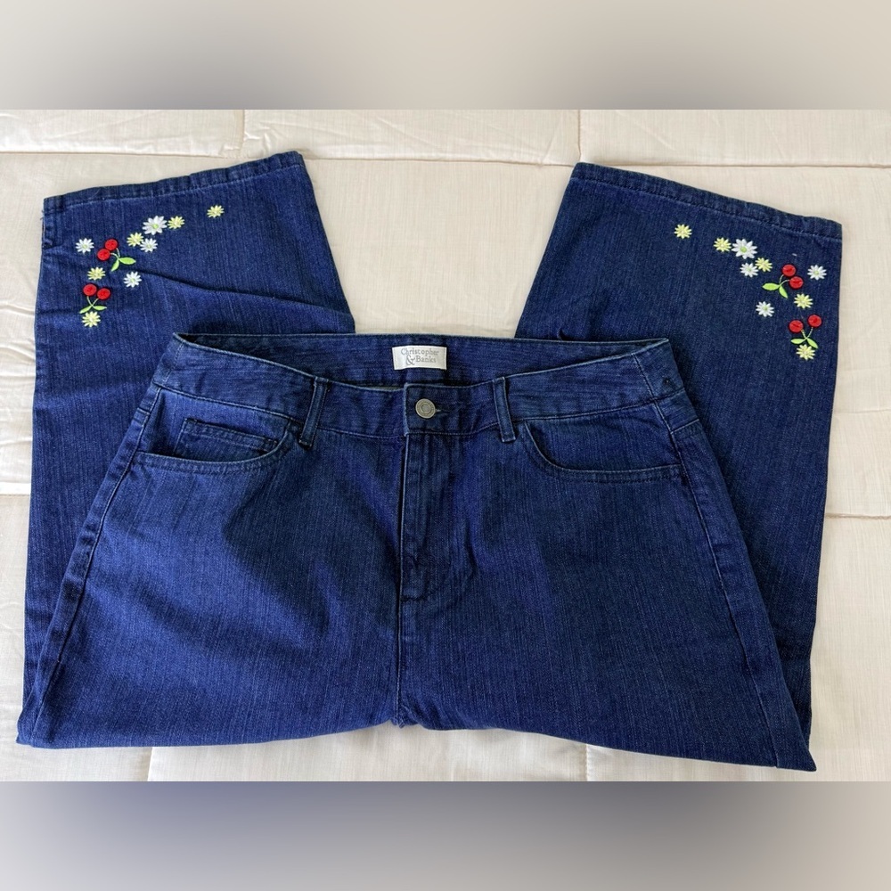 Christopher & Banks denim Cottagecore cherry Daisy floral garden crop pants 12 - Picture 8 of 11